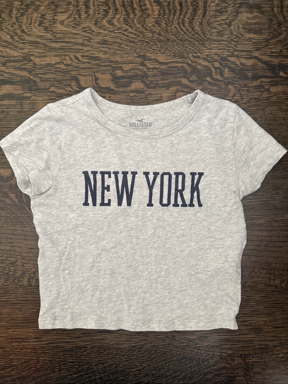 Hollister Light Gray Crop Tee with Navy 'NEW YORK' Print